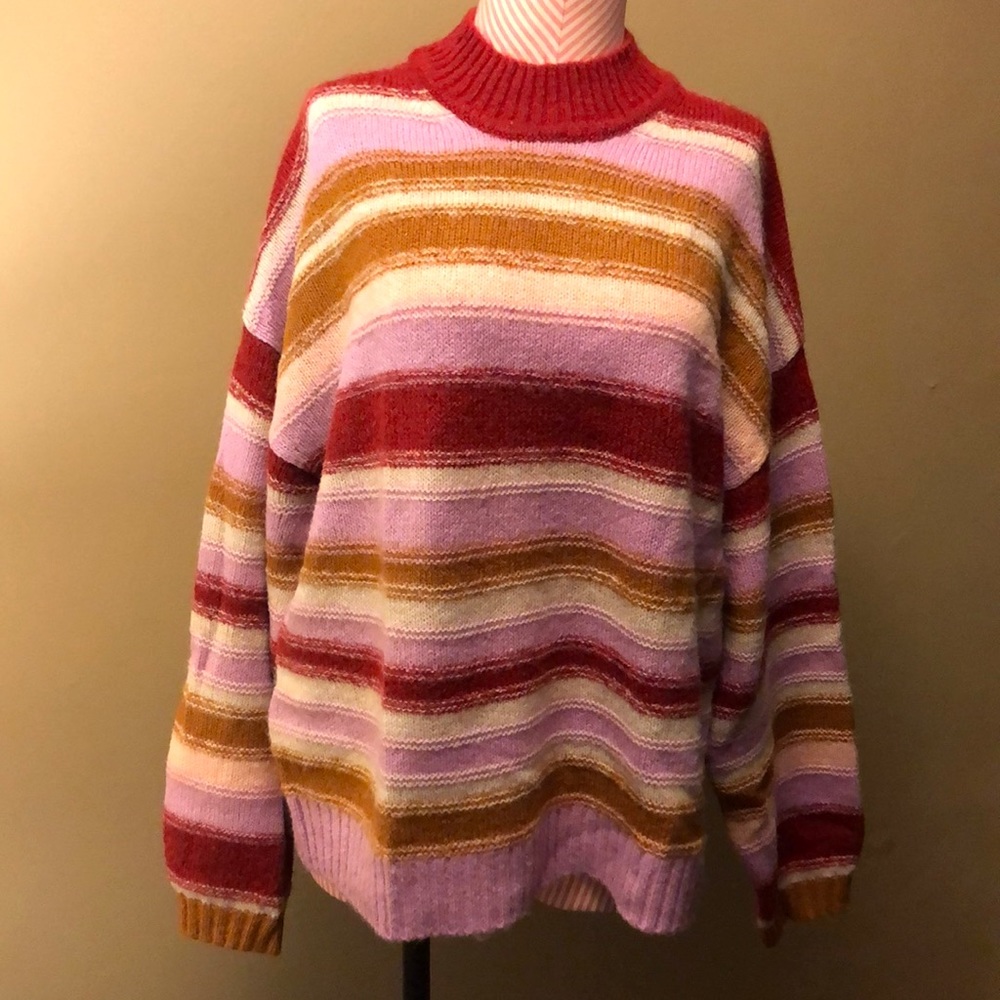 NWOT Gap Classic Crew Mock Neck Striped Sweater Red Lilac Camel - size L
